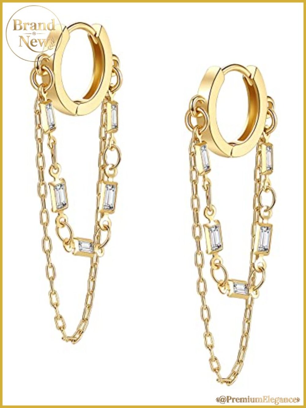 14K Gold Plated Tassel Chain Huggie Hoop Earrings CZ Dangle for Women
